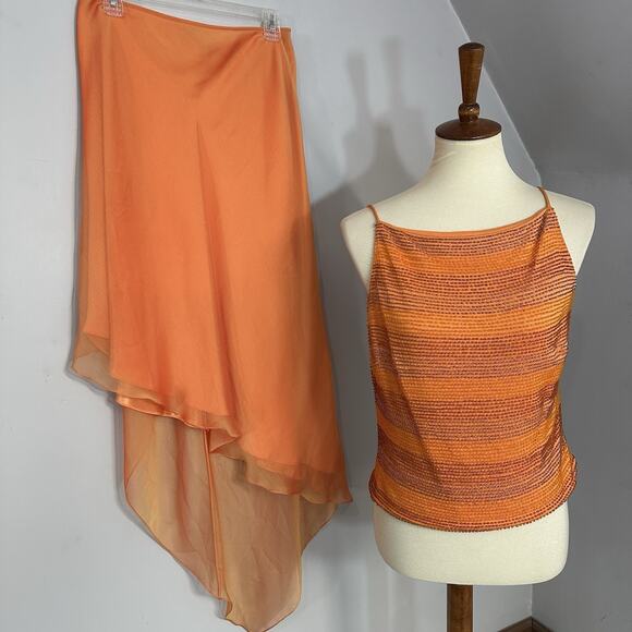 David Meister Y2K Orange Dress Vintage Skirt Set Formal Beaded Asymmetric - Picture 14 of 14